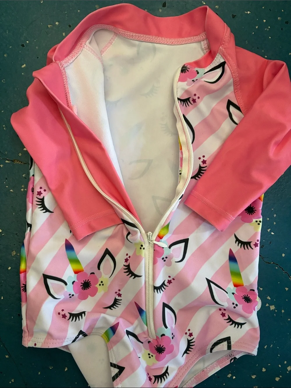 Girls Pink Unicorn Stripe Zip Rash Guard Swimsuit 3 t